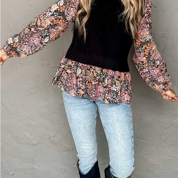 Black Contrast Floral Sleeve Peplum Sweater Small - Picture 4 of 4